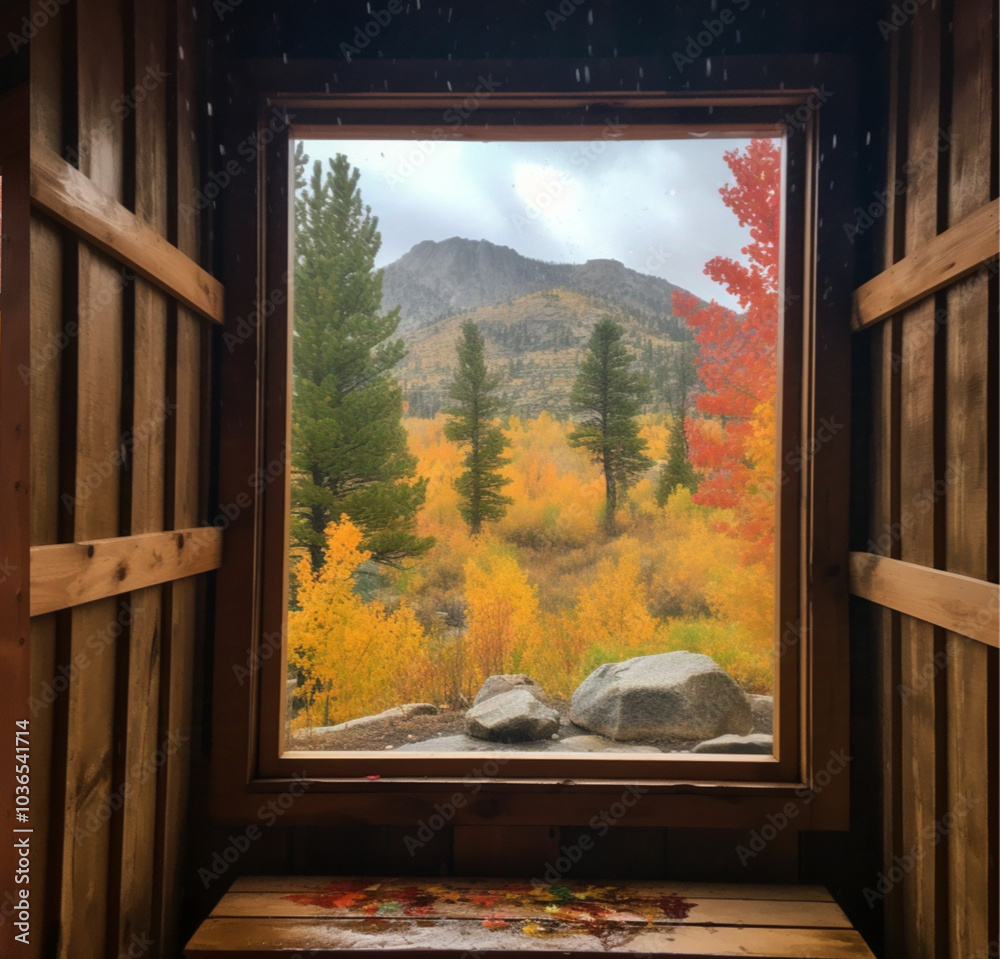 looking out of a lodge window, with light rain overlooking the rocky mountains with fall colors. the day is dreary the tree colors are bright and coloerful looking out of a lodge window, with light rain overlooking the rocky mountains with fall colors. the day is dreary the tree colors are bright and coloerful