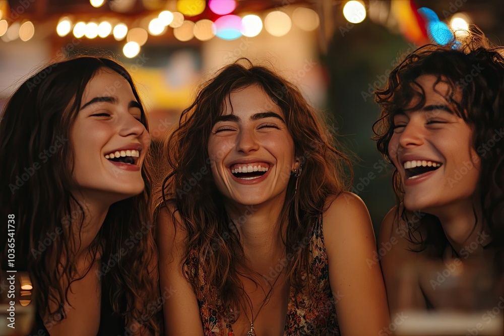 Three friends laughing together. This image is perfect for projects that focus on friendship, joy, or a night out with friends. Three friends laughing together. This image is perfect for projects that focus on friendship, joy, or a night out with friends.