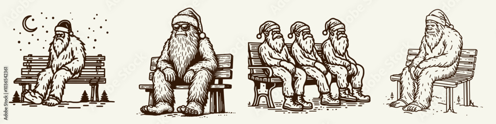 Fototapeta premium Bigfoot in Santa Claus Costume Sitting on a Snowy Hill