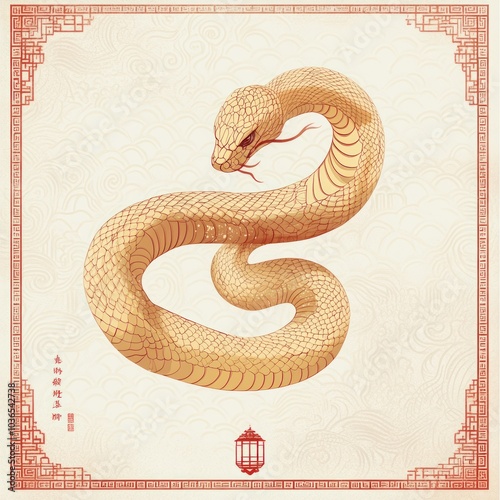 Chinese Zodiac Illustration of a Golden Snake with a Red Lantern photo