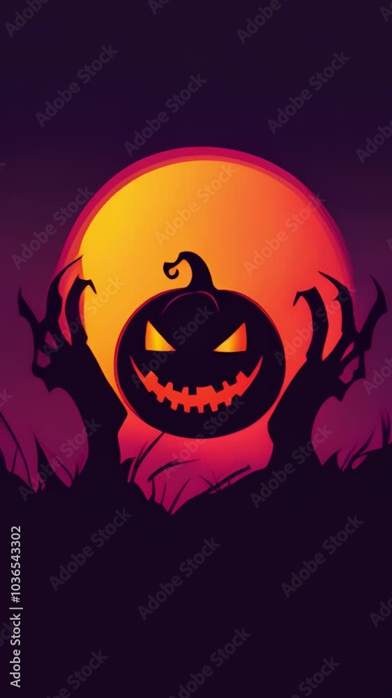 A minimalist Halloween background featuring a jack-o'-lantern silhouette in front of a full moon, with arms extending out and a purple-orange gradient. A minimalist Halloween background featuring a jack-o'-lantern silhouette in front of a full moon, with arms extending out and a purple-orange gradient.