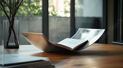 A Book Resting on a Metal Bookstand on a Wooden Table photo