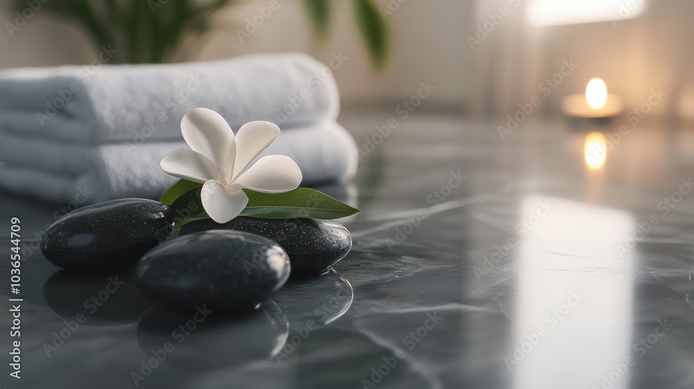 White marble table with spa stones, pebbles, candle burning in background. Single leaf, flower, towel create serene, peaceful atmosphere. Oriental-inspired composition with focus on hygiene, body White marble table with spa stones, pebbles, candle burning in background. Single leaf, flower, towel create serene, peaceful atmosphere. Oriental-inspired composition with focus on hygiene, body