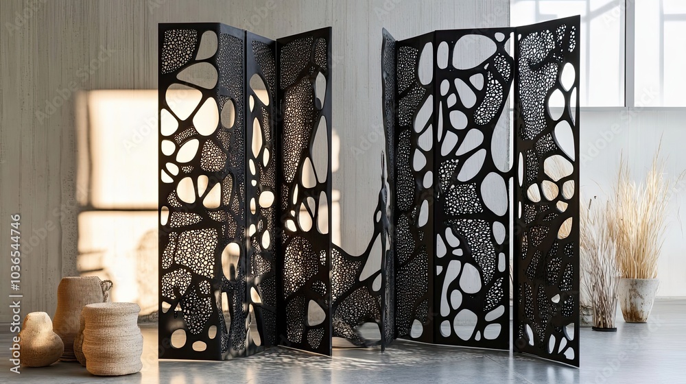 Black Metal Room Divider with Abstract Cutout Design Black Metal Room Divider with Abstract Cutout Design