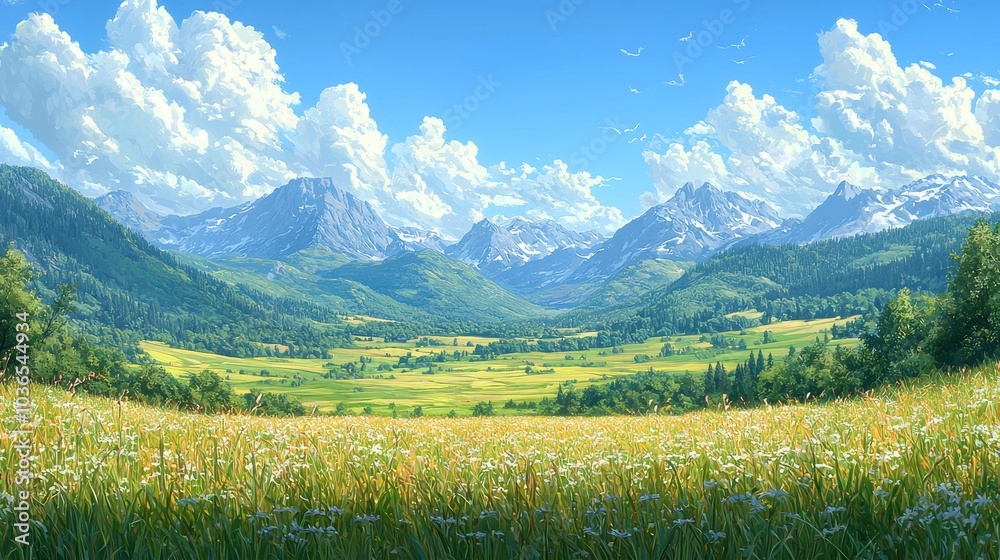Fototapeta premium A vibrant mountain landscape with lush green valleys, blooming wildflowers, and dramatic clouds under a blue sky