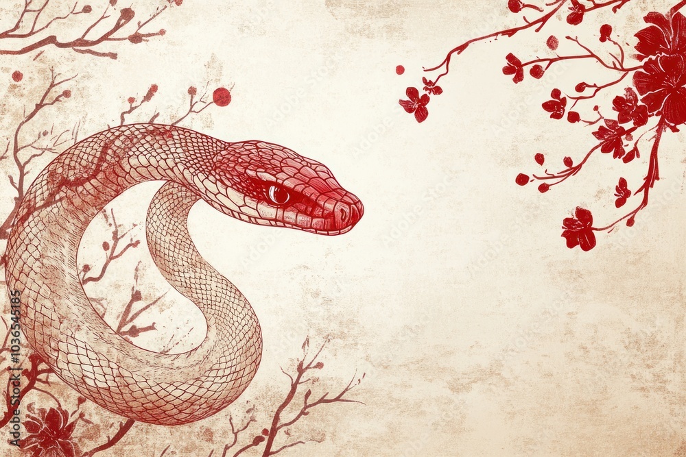 Red Snake and Cherry Blossom Branches on Old Paper