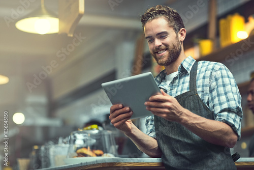 Tablet, man and waiter in coffee shop with confidence for online menu update or stock control. Serving industry, cafe and male barista with digital technology for inventory report in restaurant.