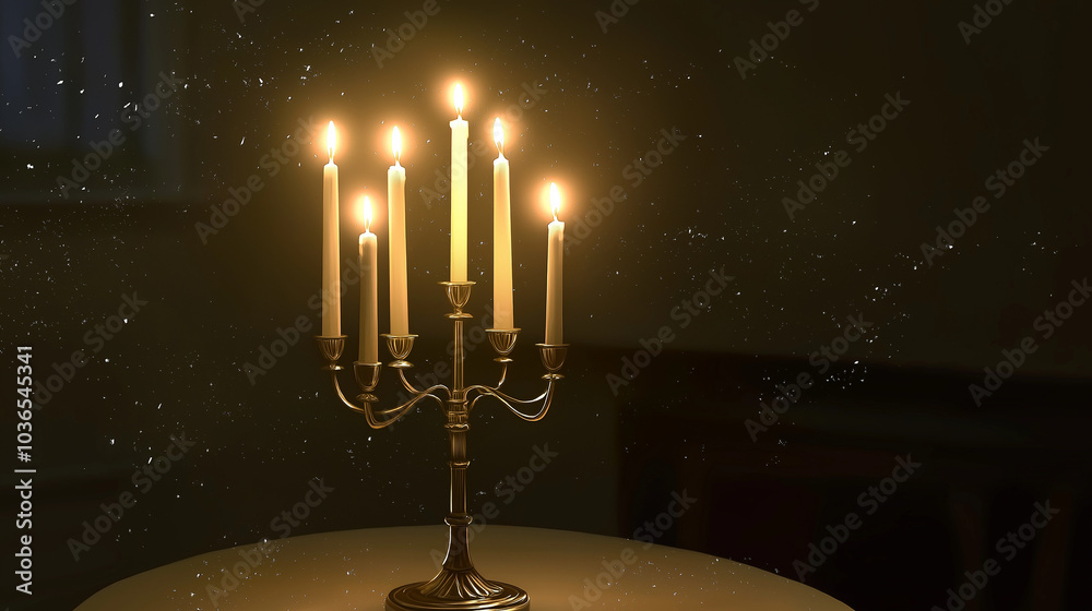 Fototapeta premium Hanukkah menorah with lit candles on dark background