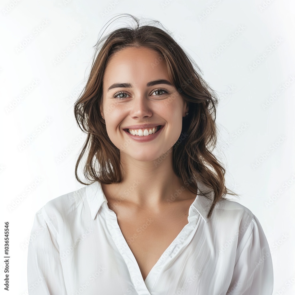 A smiling young woman in a white blouse, isolated on a clean white background. A smiling young woman in a white blouse, isolated on a clean white background.