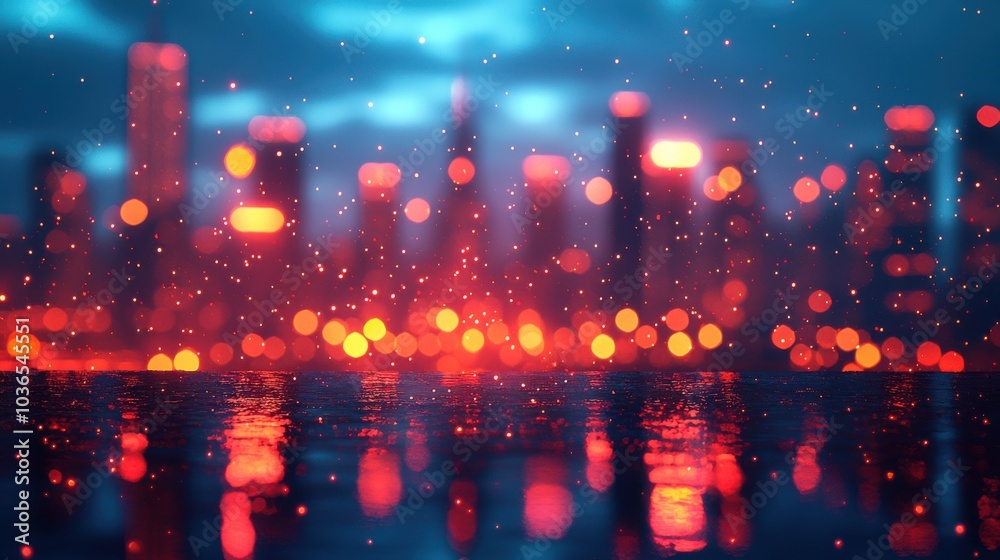 Fototapeta premium A vibrant city skyline illuminated at night, shimmering reflections in puddles as rain falls, creating a captivating urban atmosphere