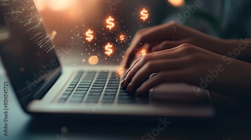 Close-up of hands typing on a laptop with digital dollar symbols rising, representing e-commerce, fintech, and online wealth creation.