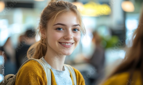 Friendly receptionist assisting a young woman at the front desk, Generative AI