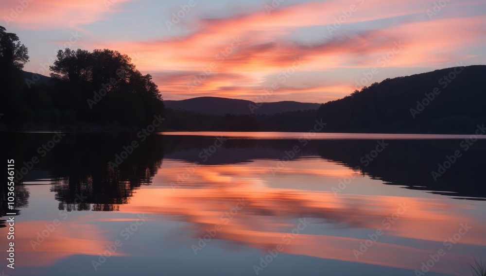 Obraz premium Serene Lake at Sunset Vibrant Colors Reflecting on Glassy Waters