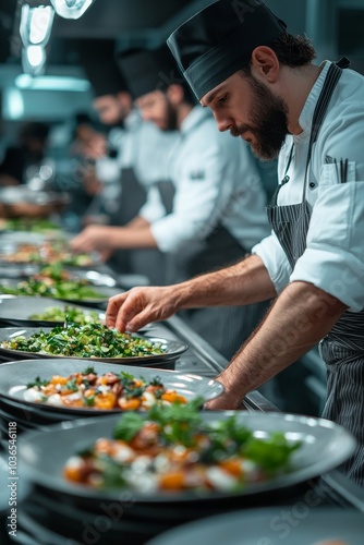 Chefs cooking new food dish in kitchen, Generative AI