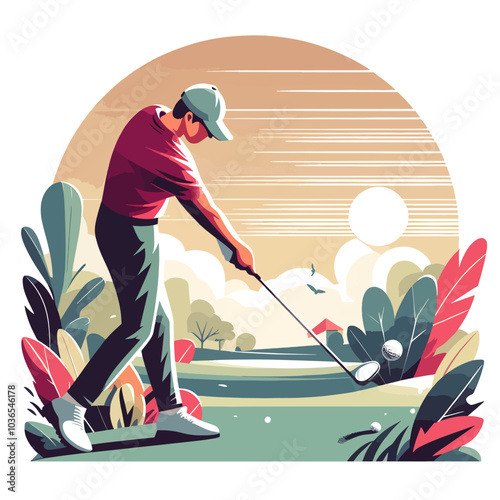 A man is playing golf in a lush green field