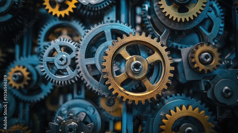 Close-up of interlocking gears in motion, showing the intricate mechanics and engineering principles at play. Close-up of interlocking gears in motion, showing the intricate mechanics and engineering principles at play.