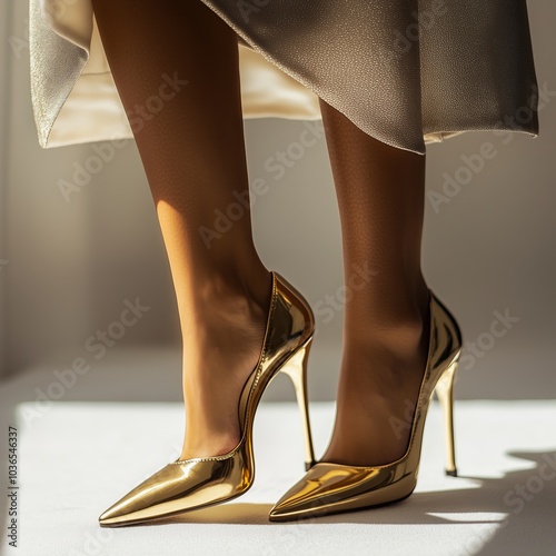 A pair of striking gold high-heeled shoes are worn by a person in a stylish dress, showcasing modern fashion and luxury with a reflective, dazzling glow. photo