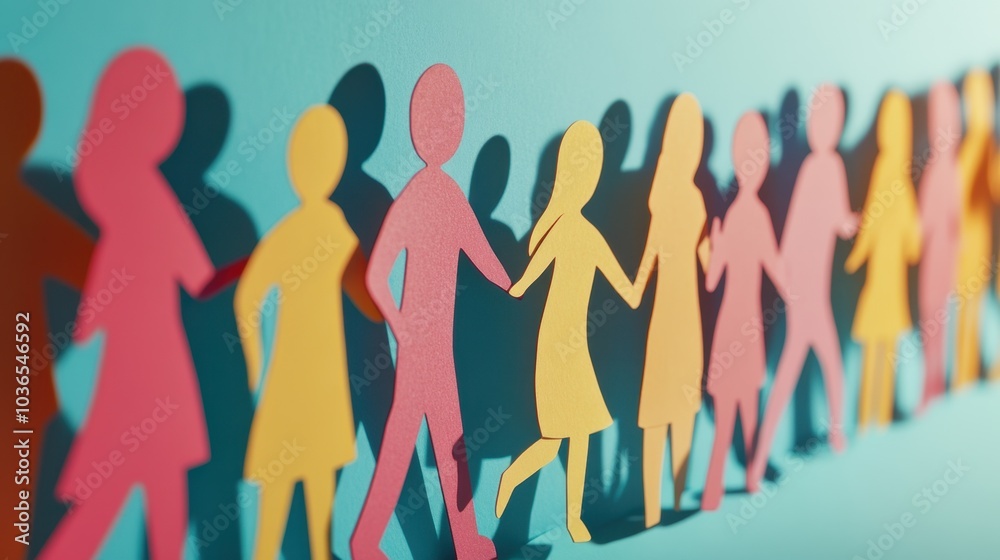 Paper cutout figures of varying colors on a turquoise background, ideal for diversity and social concepts. Paper cutout figures of varying colors on a turquoise background, ideal for diversity and social concepts.