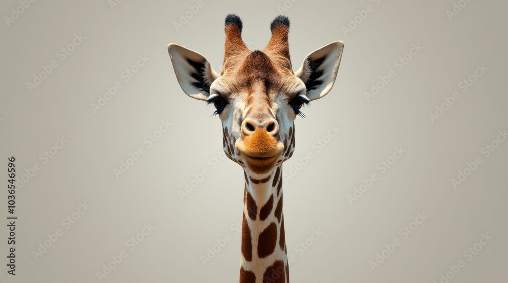 Fototapeta premium A head-and-shoulders portrait of a giraffe, its long neck extending gracefully from the bottom of the frame, showcases the gentle expression in its large, soulful eyes.