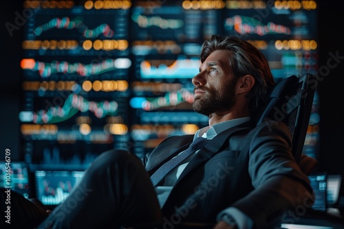 Businessman in suit sitting with background trading screens