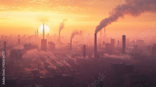 A city shrouded in thick smog as industrial smokestacks release pollution into the air at sunset, highlighting environmental challenges.