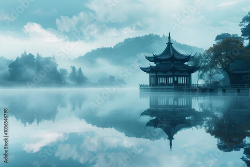calm lake reflecting an ancient pavilion and tall trees standing beside it