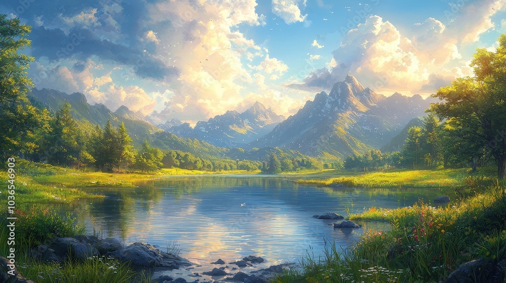 Obraz premium A serene mountain landscape featuring a calm lake surrounded by lush greenery and majestic peaks during a vibrant sunset