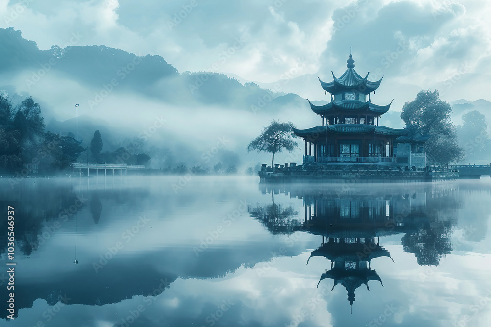 Obraz premium calm lake reflecting an ancient pavilion and tall trees standing beside it