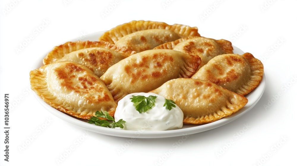 Polish pierogi dumplings served with a generous portion of sour cream, placed against a white background for simplicity. Polish pierogi dumplings served with a generous portion of sour cream, placed against a white background for simplicity.