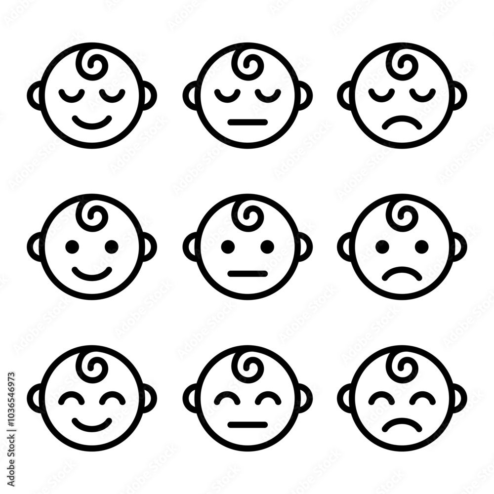 Baby face emotions line icon set. Baby boy facial expression. Newborn symbol. Kid face pictogram. Cute child smile sign. Happy and sad child. Sleeping children isolated concept. Baby care symbol. Baby face emotions line icon set. Baby boy facial expression. Newborn symbol. Kid face pictogram. Cute child smile sign. Happy and sad child. Sleeping children isolated concept. Baby care symbol.
