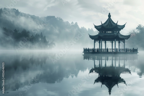 calm lake reflecting an ancient pavilion and tall trees standing beside it