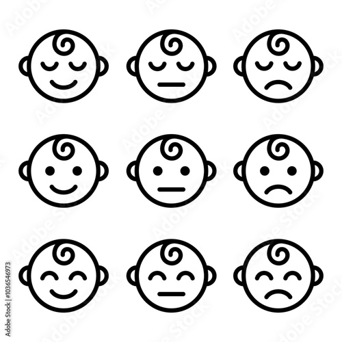 Baby face emotions line icon set. Baby boy facial expression. Newborn symbol. Kid face pictogram. Cute child smile sign. Happy and sad child. Sleeping children isolated concept. Baby care symbol.