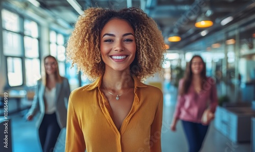 Young businesswomen walking through a modern office, Generative AI