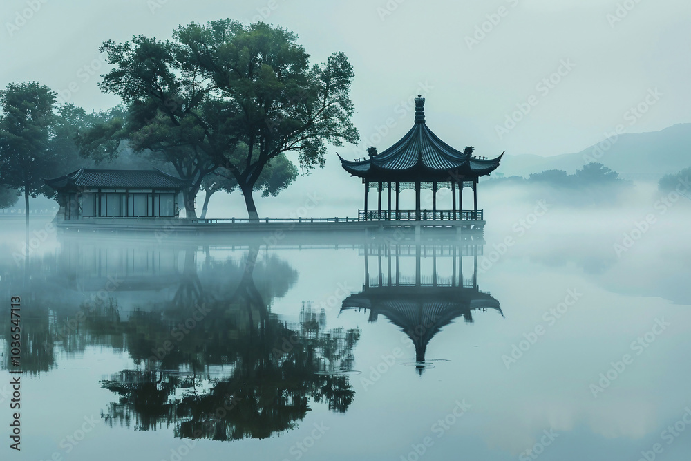 calm lake reflecting an ancient pavilion and tall trees standing beside it calm lake reflecting an ancient pavilion and tall trees standing beside it
