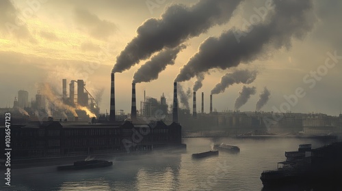 A factory with smoking chimneys releases thick plumes of smoke into the sky, highlighting industrial activity and pollution in a misty landscape