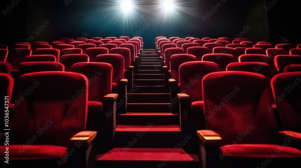 Obraz premium Rows of empty velvet theater seats, spotlight beams highlighting the stage, setting the scene for a captivating performance.