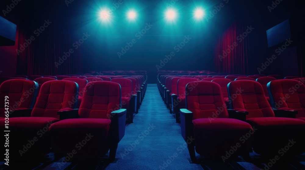 Rows of empty velvet theater seats, spotlight beams highlighting the stage, setting the scene for a captivating performance.