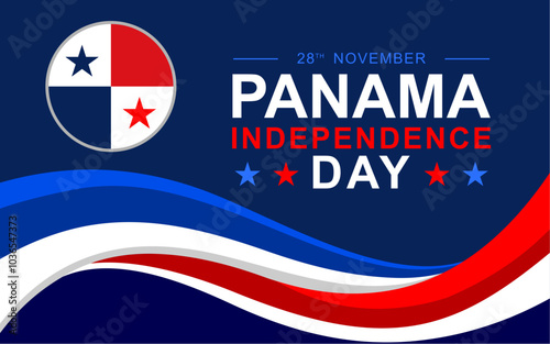 Panama Independence Day illustration vector background. Panama Independence Day November 28 template with Panama map silhouette and wavy ribbon in dark blue background.
