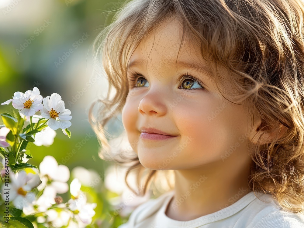 Child smiling with flowers, bright background, joyful expression. Child smiling with flowers, bright background, joyful expression.