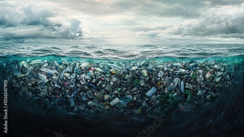 A massive garbage patch floating in the ocean, a stark accumulation of plastic waste and debris swirling in the currents. The disturbing sight underscores the scale of marine pollution and the. photo