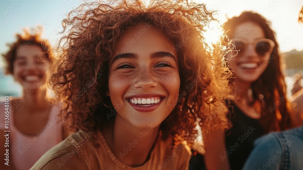 Fototapeta premium Happy woman smiling with friends against sunset background.