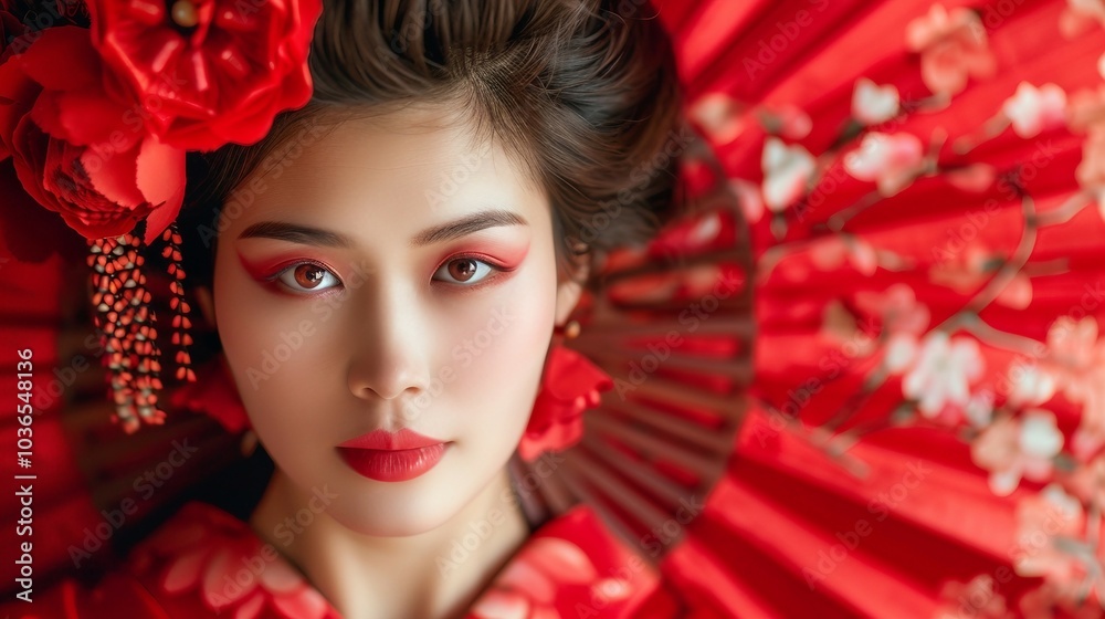 Attractive geisha in red kimono holding a red fan Attractive geisha in red kimono holding a red fan