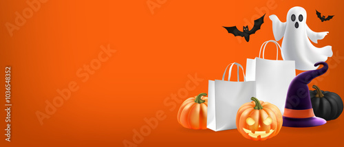 Halloween product display for presentation banner background. Spooky ghost with Jack o lantern Minimal holiday concept