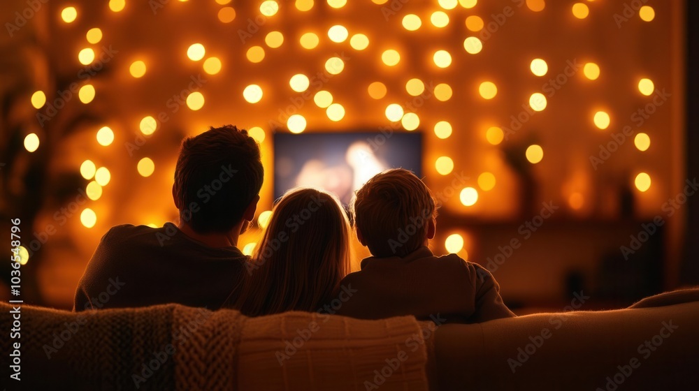 Family enjoying a movie night at home, cozy living room with dim lighting and soft blankets, shot from behind the couch, relaxed and joyful family time Family enjoying a movie night at home, cozy living room with dim lighting and soft blankets, shot from behind the couch, relaxed and joyful family time