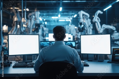 Operator at a control console in an automated factory environment photo