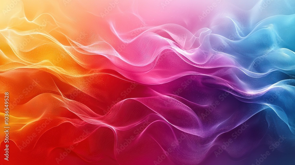 Abstract swirling waves of vibrant colors in a gradient background showcasing red, pink, orange, and blue hues