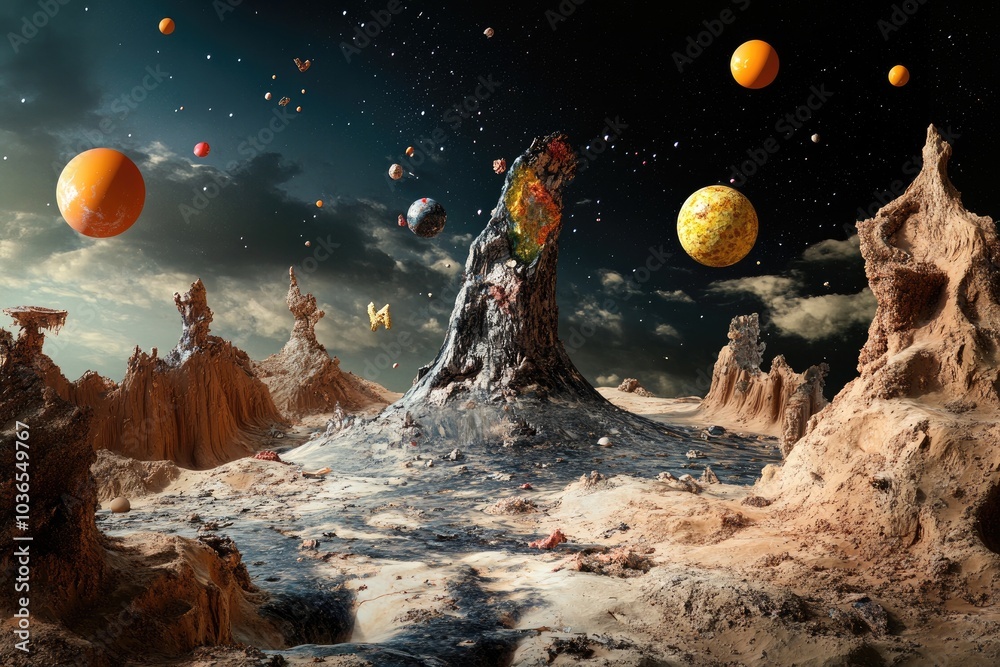 custom made wallpaper toronto digitalSurreal landscape with melting objects and floating spheres under a dark sky