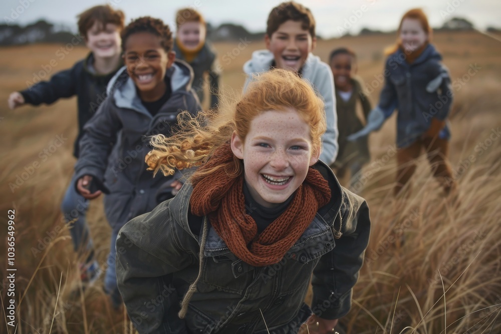Group of friends having fun on a field in autumn smiling and having fun Group of friends having fun on a field in autumn smiling and having fun