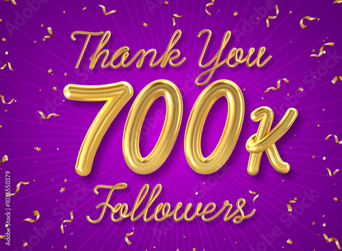 Thank you 700k followers poster with confetti background, Thank you followers social media post. 3d illustration. photo