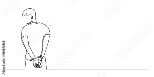 one continuous line drawing of a man whose hands are tied with rope.one line drawing of a man kidnapped,crime,robbery.single line vector illustration.isolated white background